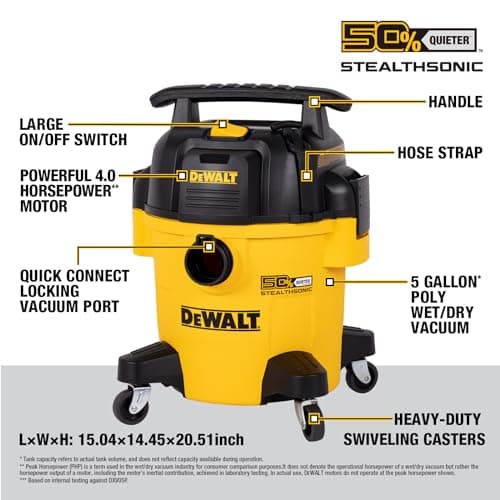 DEWALT 5 Gallon STEALTHSONIC Shop Vacuum Wet and Dry, Powerful Suction & Portable Shop Vac with Attachments, Ultra Quiet Wet Dry Vac for Home, Garage, Car, Workshop, Jobsite, DXV05P-QT, 4 Peak HP