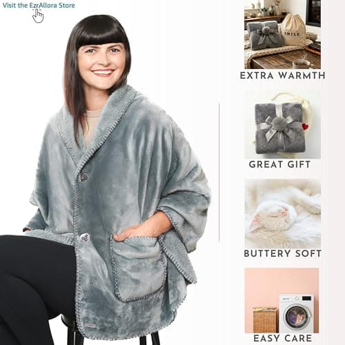 Premium Double Layer Poncho Blanket -No Sleeves Easy On Easy Off- Drape and Go Shawl Gift for Women Who Have Everything - Gifts for Grandma and Mom (Silver Grey)