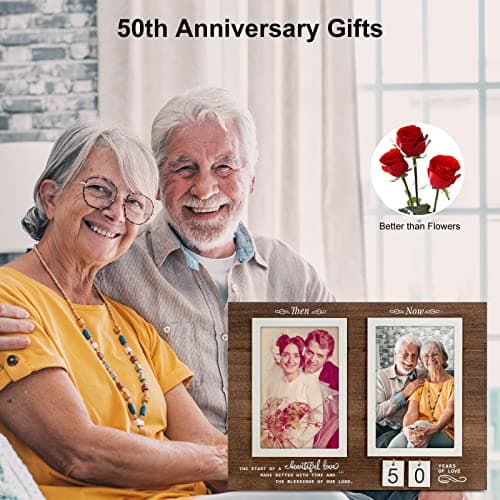 Then & Now Anniversary Picture Frame, 1-99 Years Wedding Gift Ideas - Anniversary Wood Photo Frame, Engagement Bridal Shower Gifts with Sentimental Quote - Holds 2 4x6 Inches Photos (Then & Now)