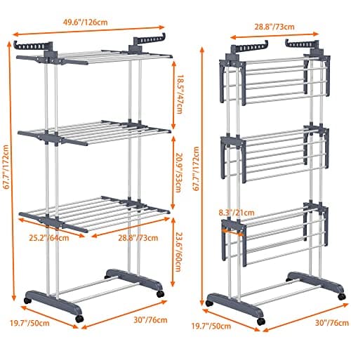 HOMIDEC Clothes Drying Rack, Oversized 4-Tier(67.7" High) Foldable Stainless Steel Drying Rack Clothing, Movable Drying Rack with 4 castors, 24 Drying Poles and 14 Hooks for Bed Linen, Clothing, Grey