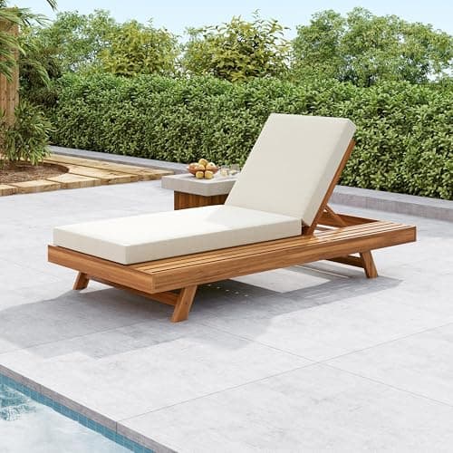 Christopher Knight Home Kayes Acacia Wood Chaise Lounge with 4'' Cushion, Outdoor 79'' Patio Recliner Chair with 4-Position Adjustable Backrest, Sun Lounger for Poolside Backyard, Teak+Cream