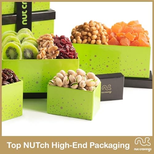 Green Tower + Ribbon, Food Arrangement, Healthy Snack Care Package, Kosher NUT CRAVINGS - Dried Fruit & Mixed Nuts Gift Basket (12 Assortments) B081294WT2