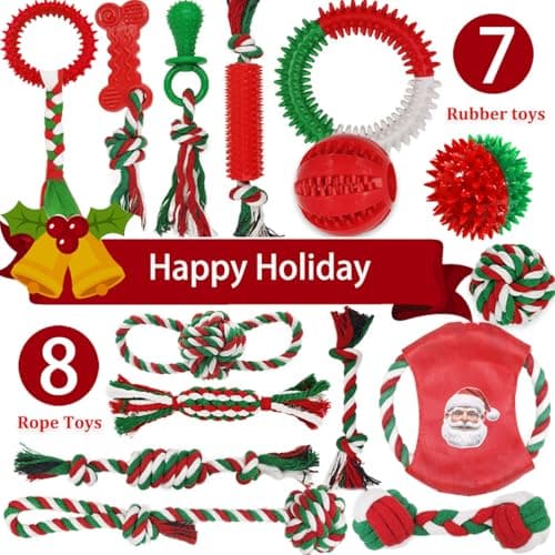 Beiker Christmas Dog Toys Bulk 15 Pack, Puppy Chew Toys for Teething Small Medium Puppies, Holiday Christmas Themed Presents Gifts Box Including Variety Tough Rubber and Rope Toys B0DG8WK4KW