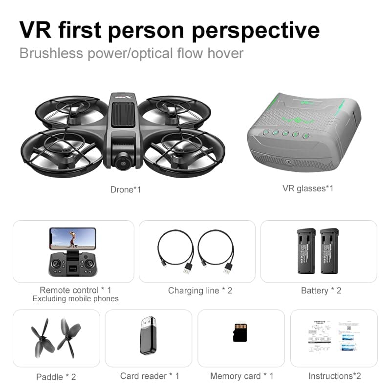 VR FPV Drone, Experience First-Person View Flight, Comes With a VR Goggle Kit and Remote Controller. The Drone Features a Full Propeller Protection Guard and Collision-Resistant Structure, Making It Easy to Operate and Perfect for Beginners. Equipped With an Optical Flow Positioning System and Brushless Motors for Smoother and More Precise Flight. FPV Quadcopter for Entertainment or as a High-Performance Remote Control Helicopter.