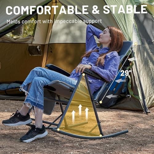 Timber Ridge 3-Level Adjustable Rocking Camping Chair, Padded High Back Outdoor Rocking Chair with Side Pocket, Portable Folding Rocker for Adults, Supports 300 LBS for Lawn, Patio, Porch