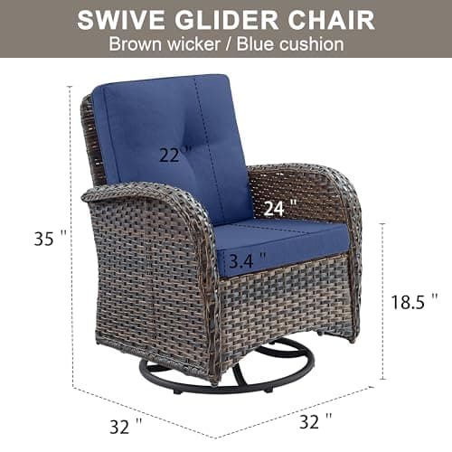 2 in 1 Porch Glider Swivel Chair - Wicker Patio Furniture Outdoor Swivel Rocker Chair with Thick Cushion, 300 Lb Weight Capacity Patio Swivel Glider Seating - Brown Wicker, Blue Cushion