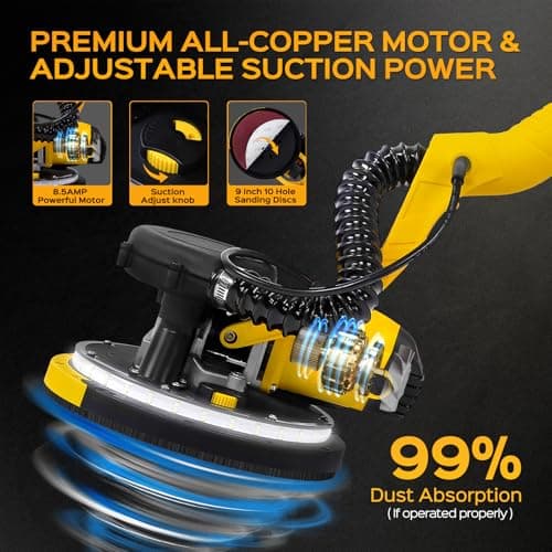 Drywall Sander Tool, KUPERIA 8.5 Amp Popcorn Ceiling Removal Tool with 7 Variable Speed 800-1800RPM, Electric Drywall Sander with Extendable Handle, LED Light,6 Basic Sand Paper & 6 Grid Sandpaper