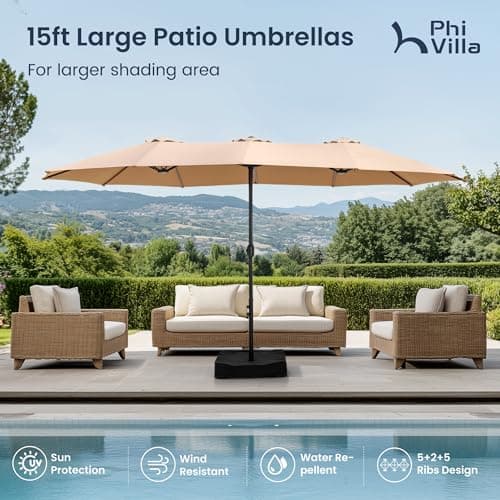 PHI VILLA 15ft Large Patio Umbrellas with Base Included, Outdoor Double-Sided Rectangle Big Market Umbrella with Stand, Outside Umbrellas for Poolside Lawn Backyard, Beige