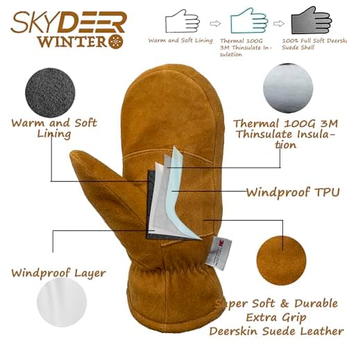 SKYDEER Premium Full Deerskin Suede Leather Soft Winter Mittens, Extra Warm 100G 3M Thinsulate, Thermal Insulated (SD3671M)