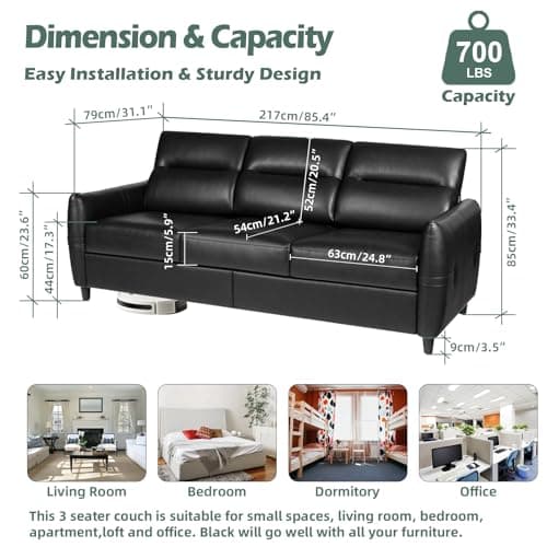 STHOUYN 85” Black Faux Leather Couch with USB, 3 Seater Sofa Couches for Living Room, Large Mid Century Modern Office Apartment Couch (Black)