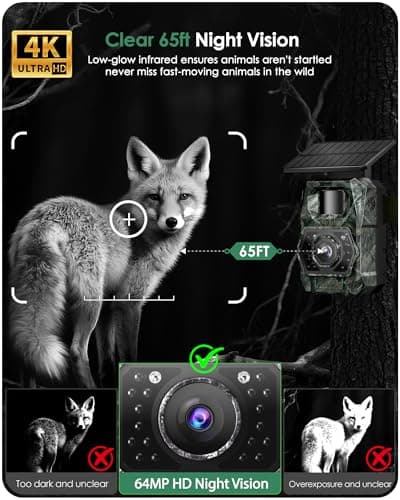 MAXDONE Solar Trail Camera WiFi Bluetooth - 4K 64MP Game Cameras with Night Vision Motion Activated IP66 Waterproof, with 5200mAh Battery and 32GB Memory Card Cameras for Outdoor and Backyard ﻿