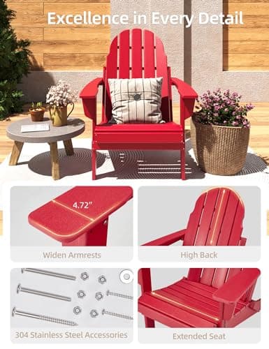 BUPPLEE Folding Adirondack Chair, 450 LBS Heavy Duty HDPE Poly Lumber Fire Pit Chair for Outside, All-Weather Resistant Plastic Adirondack Chairs for Patio, Garden, Deck & Backyard, Red