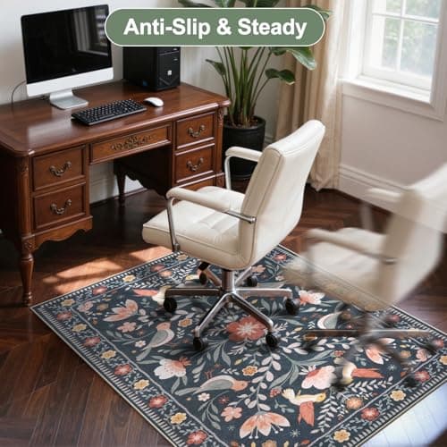 Anidaroel 48"x60" Office Chair Mat for Hardwood Floor/Tile, Black Floor Mat for Office Chairs, Anti-Slip Floral Under Desk Rug for Rolling Chairs, Bird Bug Low Pile Desk Chair Mats for Hardwood