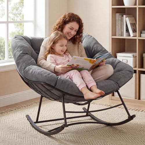 Outdoor Rocking Chair with 5.5" Thick Cushion, Oversized Egg Lounge Chair with Water-Repellent & UV-Resistant Fabric, 450 Lbs Heavy Duty for Patio, Living Room, Garden, Bedroom