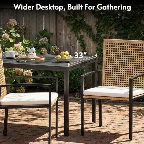 7-Piece Outdoor Dining Set for 6, Patio Dining Set with Hand-Woven Wicker Chairs & Cushions, 60" x 33" x 30" Wider Aluminum Woodgrain Table for Deck, Garden, Backyard