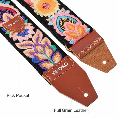 YIKOKO Guitar Strap，2 inch Flower Knit Cotton Guitar Straps with Full Grain Leather End, for Bass Electric and Acoustic Guitars, Free Strap Button, 2 Strap Locks and 4 Guitar Picks