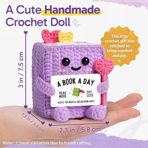 Funny Book-Themed Birthday Book Club Bookish Gifts for Reader, Librarian, Bookworm, Desk Decor, Handmade Book Lovers Gifts for Women, Girl, Book-Shaped Positive Support Crochet B0GL26L547