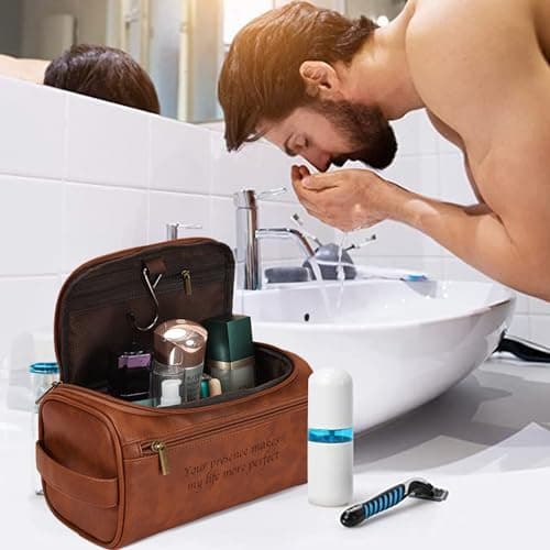 Easycosy Personalized Toiletry Bag for Men, Engraved with Pattern & Text, PU Leather Men's Toiletry Bag for Traveling, Father's Day Memories Gifts for Him Men Boyfriend Husband