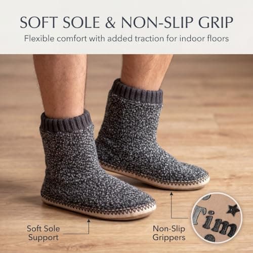 Textured knit upper, fuzzy lining, ankle-high coverage and cushioned insole for cold floors; machine washable cosyone1997 Boot Slippers for Men Indoor Non Slip Soft Sole B0C5F5SNB7