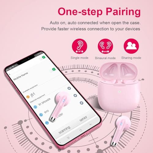 Wireless Earbuds, Bluetooth 5.4 Earbuds Stereo Bass, Bluetooth Headphones in Ear Noise Cancelling Mic, Wireless Earphones IP7 Waterproof Sports, 32H Playtime Mini USB C Charging Ear Buds Light Pink