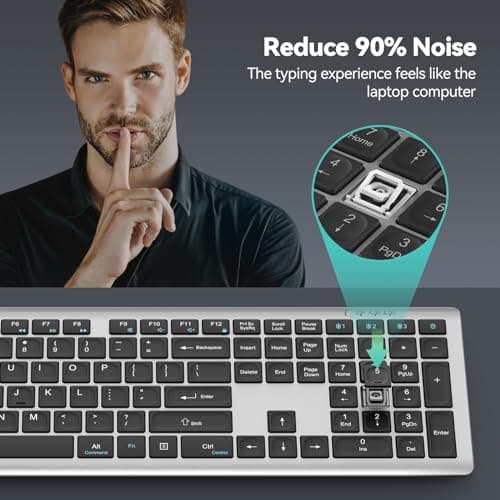 TECKNET Bluetooth Keyboard Rechargeable, 4-Device Free Switching (2.4G+BT), Ultra-Slim Full Size Wireless Keyboard, Quiet Typing, for PC/Laptop/Smart TV/Phone, Adjustable Stand, 12 Multimedia Keys