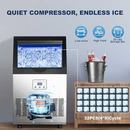 90LBS/24H Commercial Ice Maker Machine, Undercounter or Freestanding Stainless Steel Ice Machine with 25LBS Storage, 32 Cubes/Cycle, Self-Cleaning & Quiet Operation for Home, Bar, Restaurant