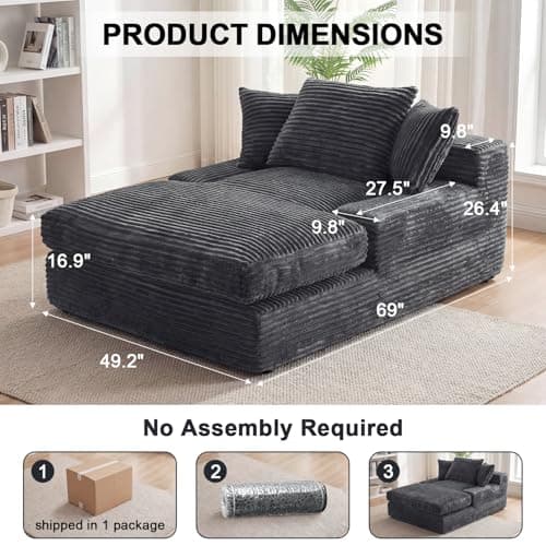 WEUP 69" Indoor Chaise Lounge, Oversized Corduroy Upholstered Armless Sofa Bed, Deep Seat Sleeper Reading Chair, Cloud Sofa for Living Room Bedroom Apartment, No Assembly Required (Gray)