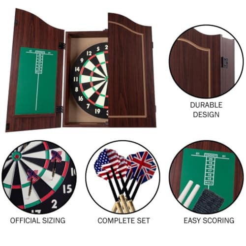Dart Board Cabinet Set with 18-inch Dartboard, 6 Steel-Tip Darts, and Chalkboard Scoring for Game Rooms, Man Caves, and Home Bars by Trademark Poker