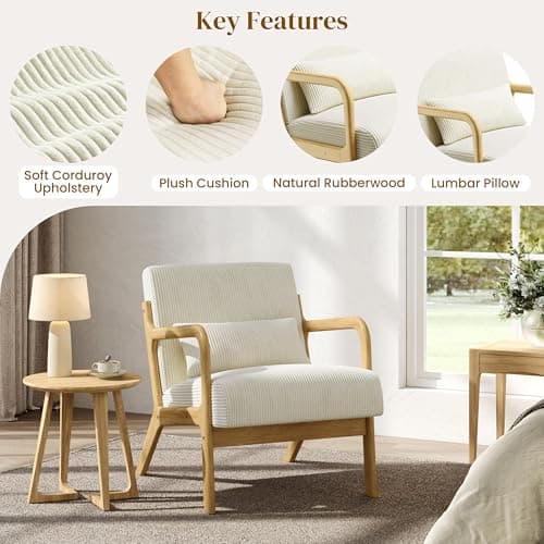 Yaheetech Accent Chair for Living Room, Corduroy Mid Century Modern Reading Armchairs with Lumbar Pillow for Bedroom, Decorative Sofa Chair for Adult Beige/Set of 1