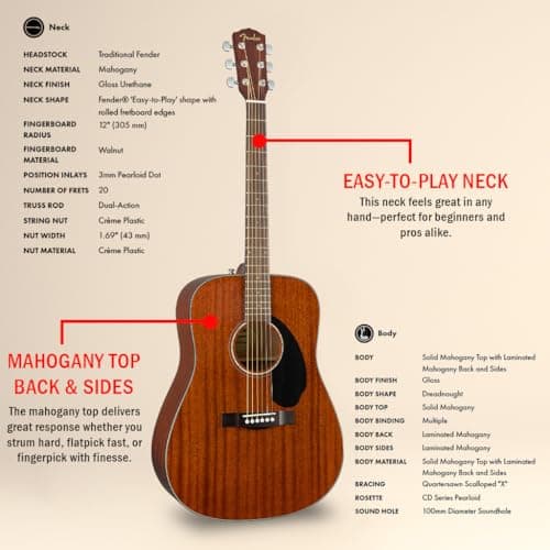 Fender CD-60S Solid Top Dreadnought Acoustic Guitar - All Mahogany Bundle with Gig Bag, Tuner, Strap, Strings, Picks, and Austin Bazaar Instructional DVD