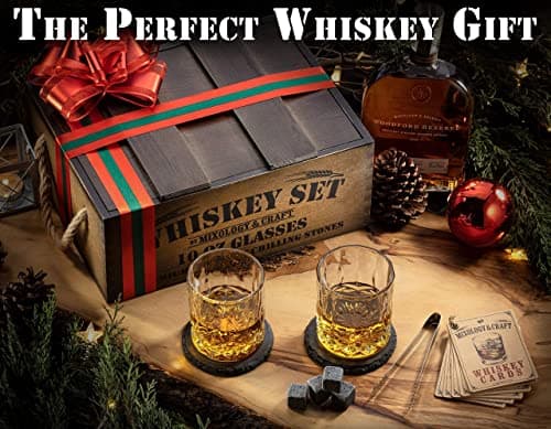 Mixology & Craft Whiskey Gift Set, Whiskey Glass Set with Rustic Wooden Crate, 8 Granite Whiskey Rocks Chilling Stones, 10oz Crystal Glasses | Great Holiday, Secret Santa or White Elephant Gift B08F7NRWQX