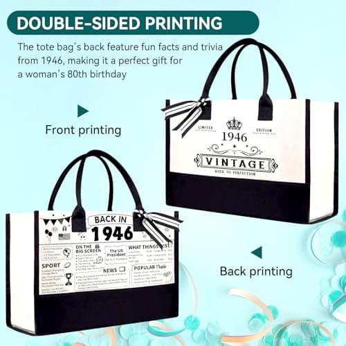80th Birthday Gifts for Women Her- 4 pcs, Turning 80 Year Old Gifts, Decorations Canvas Beach Tote Bag & Makeup Bag, Unique Happy 80th Birthday gifts for Her Mom Wife Friends