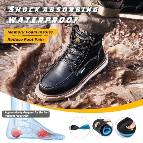 KELODON Waterproof Steel Toe Boots For Men-6" Leather Moc Toe Winter Warm Work Boots Mens Steel Toe Shoes Indestructible Non Slip Resistant Construction Safety Boot