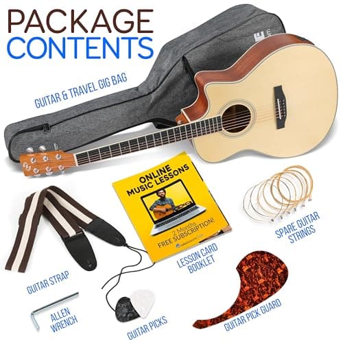 Pyle Premium Electric Acoustic Guitar Kit, 41" Full Size Dreadnought Cutaway with Spruce Top, Mahogany Sides, Gig Bag, Strap, Pickguard, Picks, Extra Steel String Set for Beginners, Advanced, Natural