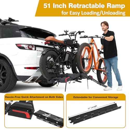Ebike Rack with Ramp for 2 E-Bikes 200 lbs Capacity Fits 5" Fat Tire, Hitch Bike Rack for Cars SUVs Trucks with 2" Receiver, Foldable Tilting Locking No Assembly Needed E-Bike Platform Carrier