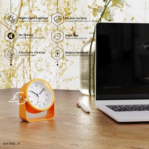 AYRELY® 3.5 Inch Small Analog Alarm Clocks,Battery Operated Desk Clock,Cute Table Clock with Light，Adjustable Angle for Travel,Bedside,Bedroom,Kids,Living Room Decor(Orange)