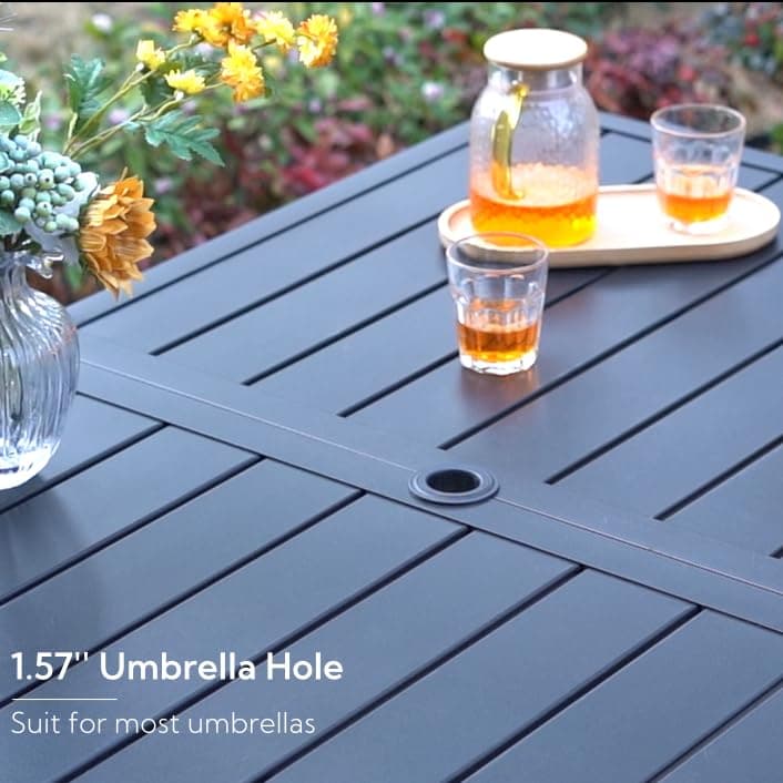 SUNSHINE VALLEY 7 Piece Patio Dining Set for 6, Rectangular Metal Table with Umbrella Hole, 6 Brown Dining Chairs, Outdoor Table and Chairs Set for Lawn Backyard and Deck