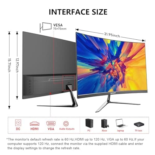 Gawfolk 24.5 Inch Gaming Curved Monitor Built-in Speakers, 3000R 120Hz PC Screen Full HD 1080P, HDMI 2.0, VGA, Wall Mount Compatible 75 * 75mm