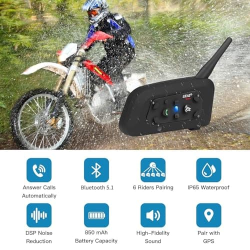 EJEAS V6 Pro Motorcycle Helmet Bluetooth Intercom, 2-Way 1200M Motorcycle Bluetooth Headset Universal Communication System with Noise Cancellation and Waterproof for Dirt Bike/ATV/Snowmobile (2PCS)