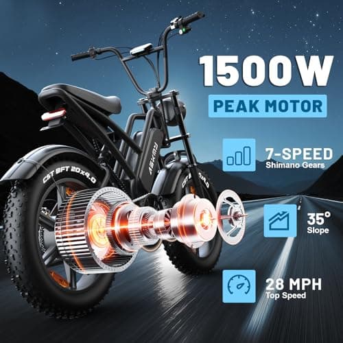 Electric Mountain Bike for Adults, 1500W Peak Motor Ebike, 28 MPH and 60 Miles PAS Range, 20 Inch Fat Tire Dirt E Bike for All-Terrain, 7 Speed, Electric Bicycles with 48V 15Ah Removable Battery