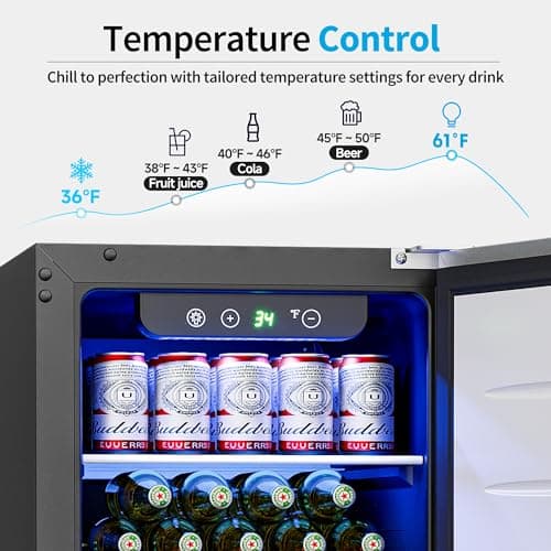 Feelfunn 15 Inch Undercounter Beverage Refrigerator - 126 Cans Beverage Fridge with Stainless Steel Door for Beer Wine Soda - Built-in or Freestanding Wine Cooler for Home Kitchen Bar