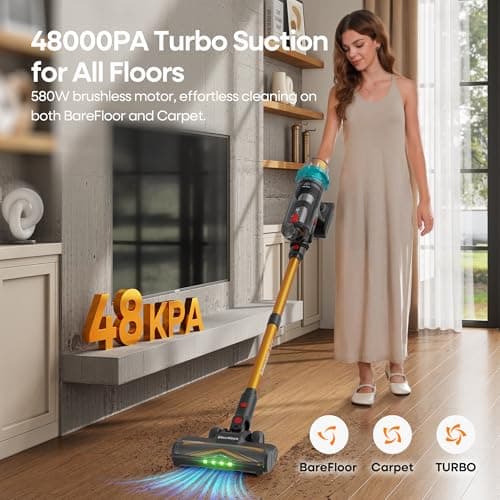 ElecKeys Cordless Vacuum Cleaner, 600W 50KPA 70Mins Self-Standing Vacuum Cleaners for Home, Stick Vacuum with Touch Screen, Upgraded Anti-Tangled Vacuum Cordless for Pet Hair, Floors, Carpets, Gold