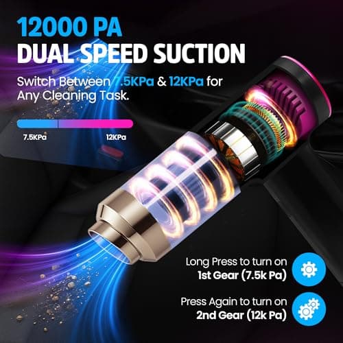 Handheld Car Vacuum Cleaner, Dual Suction 7.5K & 12k Pa, Portable Mini | Blower, Inflator, Deflator and Dustbuster for Car, Home, Kitchen & Office | Black Color
