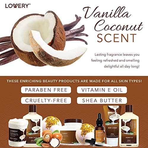 Gifts For Women Gift Basket for Women– 9 Piece Set of Vanilla Coconut Home Spa Set, Includes Fragrant Lotions, Extra Large Bath Bombs, Coconut Oil, Luxurious Bath Towel & More