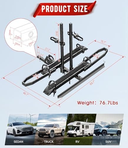 Ebike Rack with Ramp, Foldable Bike Rack for Tow Hitch, Heavy Duty Bike Carrier for 2 Fat Tire Bikes with 300LBS Load Capacity - Fits SUV, Truck, Trailer, RV