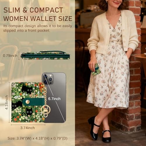 Jogjam Black Cat Floral Rfid Women Wallet, Small Slim Thin Credit Card Wallet, PU Leather Bifold Cash Zipper Coin Pocket ID Window for Female Ladies Teen Girls Girly