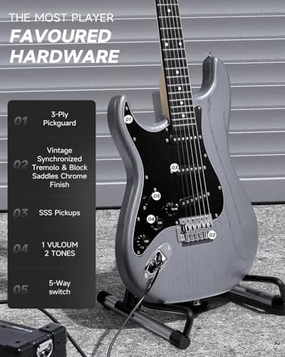 DONNER DST-80 Left-Handed Electric Guitar 39” Beginner Electric Guitar Kit with Amp, Classic SSS Pickup Complete with Gig Bag, Tuner, Capo, Strap, Picks, and Free Online Lessons, Matte Black