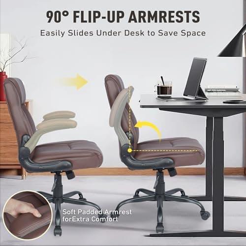 Home Office Chair with Lumbar Support, 5" Thickened Seat, Small PU Leather Rocking Desk Chair, Comfy Computer Chairs with Rolling Wheels & Adjustable Armrests for Adults, Brown