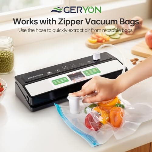 GERYON Vacuum Sealer Machine – Automatic Food Vacuum Sealer for Dry & Moist Food, Compact with LED Touch Panel, Includes Zipper Bags & Roll, Perfect for Sous Vide & Freezer Storage (Silver)