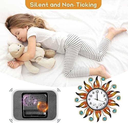 HOBYLUBY Sun Outdoor Clock with Thermometer and Hygrometer Combo, Silent No-Ticking Outdoor Wall Clock, Waterproof Quartz Clock for Patio, Living Room, Kitchen, Garden, 13 Inch